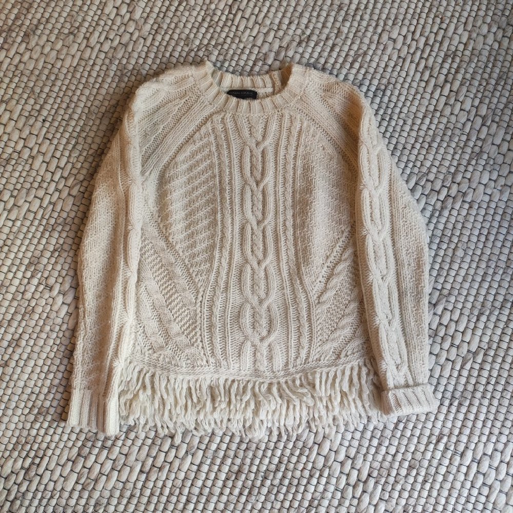 Banana Republic Italian Yarn Cable Knit Sweater Size S Fringe Hem